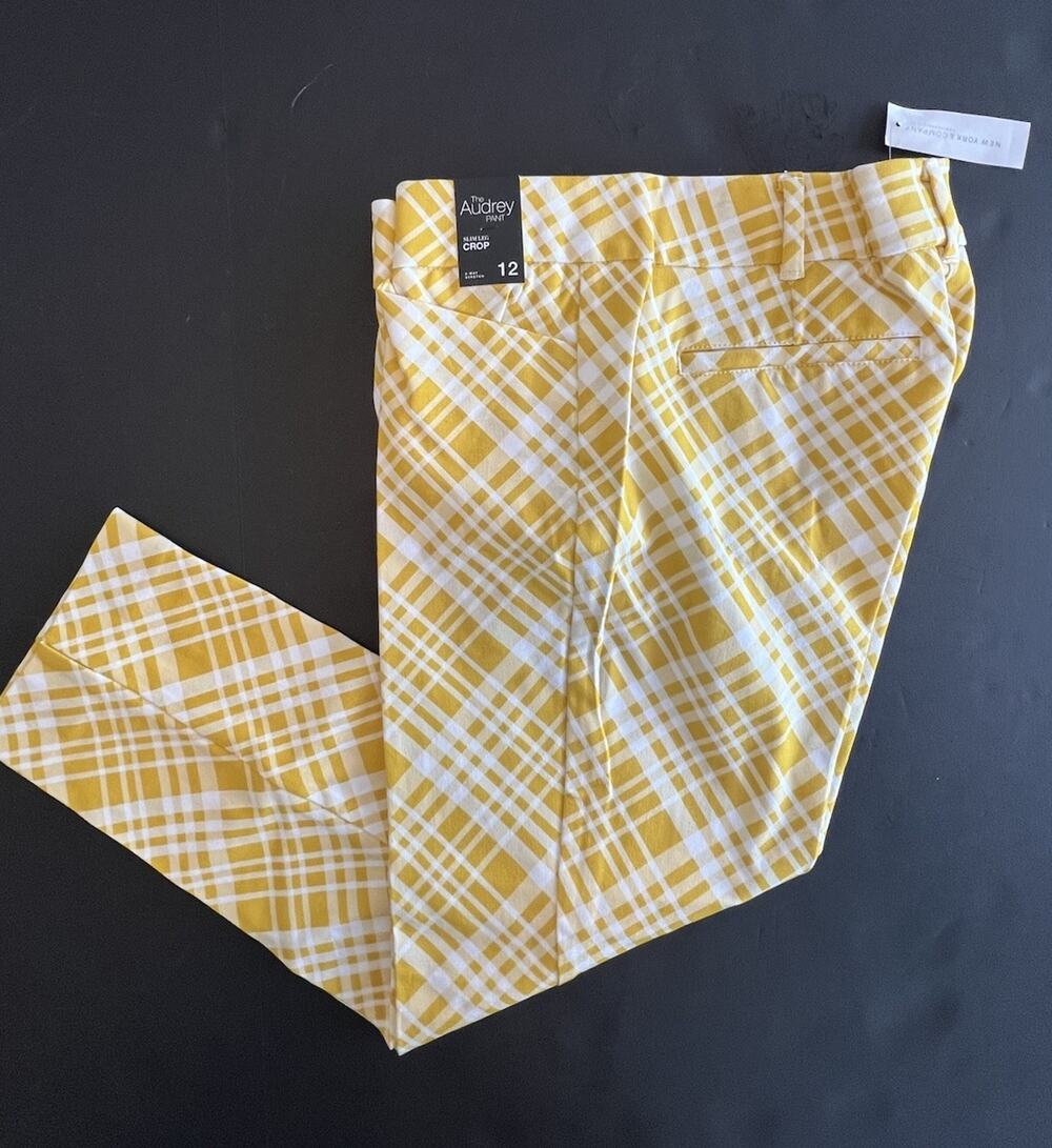 New York & Company Pants Size 12 Audrey Slim Leg Crop 4-way Stretch Plaid Yellow